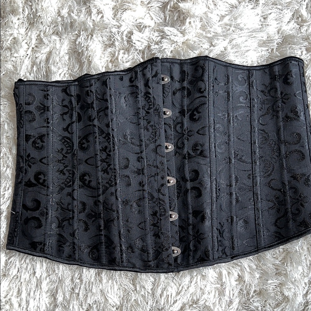 Black Damask Patterned Under Breast Corset Boned Lace Up 3X Goth Steam Punk
